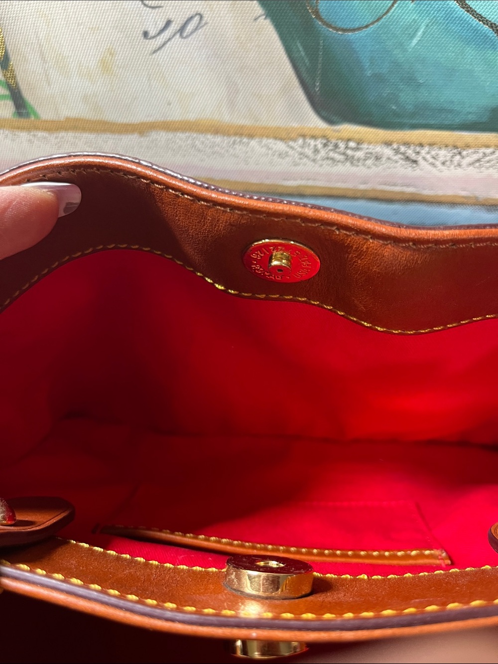 Dooney & Bourke Navy Logo Satchel with Brown Leather Handles - Picture 9 of 13